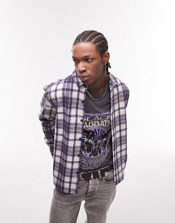 Topman long sleeve regular flannel check shirt in purple and blue-Multi