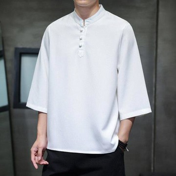 夏季薄款中國風T恤男七分袖套頭中式體恤寬松加肥加大打底衫唐裝