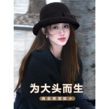出口韓國羊毛赫本風禮帽大頭圍法式蝴蝶結漁夫帽秋冬千金風大碼