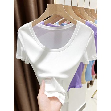 網紗低u領短袖t恤短款內搭女夏季歐貨冰絲面膜打底衫薄款修身上衣