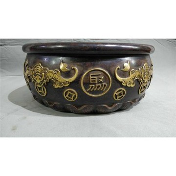 老件紫銅鎏金吳邦佐款高12*28公分10公斤五福聚寶盆大香爐擺件