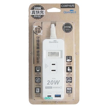 Qonnect 高溫斷電 PD+QC20W延長線 防雷突波保護  1.8m  白色  1條