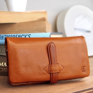 日本真皮手工皮帶扣長夾-駝色