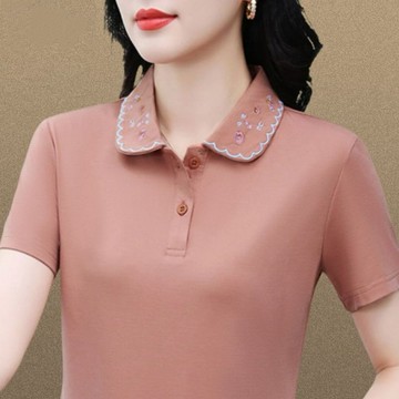娃娃領t恤女 上衣 T恤 短袖上衣 短袖衫 娃娃領短袖t恤女洋氣媽媽裝夏季新款大碼寬鬆外穿休閒上衣女
