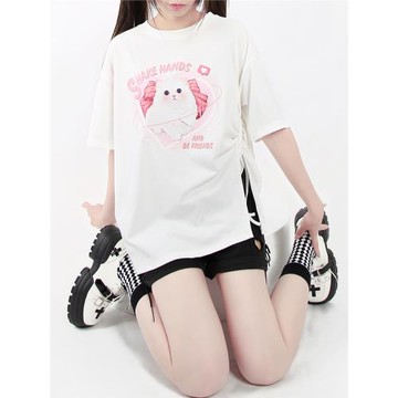 貓愿原創【來做朋友吧】抽繩綁帶寬松T恤夏甜酷少女棉開叉新款