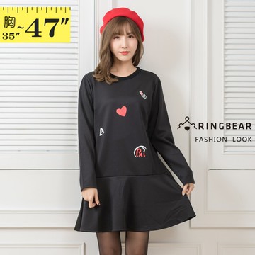 黑色洋裝--時尚氣質塗鴉線條印圖圓領剪接荷葉下襬長袖洋裝(黑L-3L)-A304[眼圈熊中大尺碼]