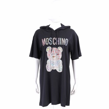 MOSCHINO COUTURE 彩色寶石泰迪熊印花黑色純棉短袖洋裝 長版TEE