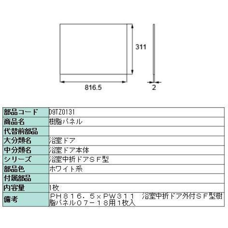 樹脂パネル 浴室中折ドアSF型 外付型 07-18用 4枚入り D9TZ0134 Pw：311mm × Ph：816.5mm 交換用 部品  LIXIL リクシル TOSTEM トステム 通販 LINEポイント最大0.5%GET LINEショッピング