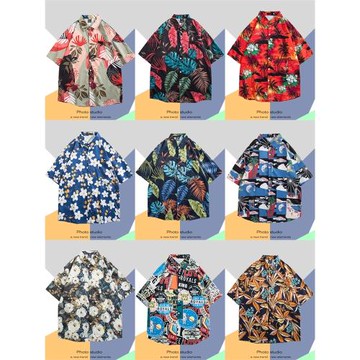 夏季港風日系短袖襯衫男韓版潮流寬松夏威夷復古痞帥海邊花襯衣潮