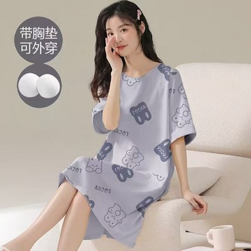 【臺灣出貨 免運】帶胸墊夏季睡裙睡衣女中長款大碼女裙短袖夏天純欲睡裙寬鬆家居服