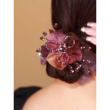 鉑思亞輕奢發飾品珍珠優雅大花朵印花珍珠大腸發圈超耐用扎發頭繩