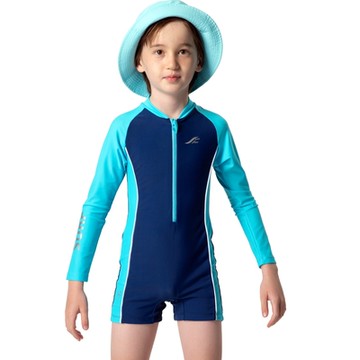 聖手牌 泳裝 藍藍配色防曬防寒長袖連身四角兒童泳裝