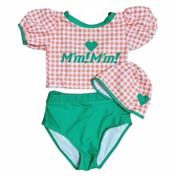 愛北鼻 夏季兒童兩件式泳裝 橘愛心格紋 附泳帽  XL碼  1入