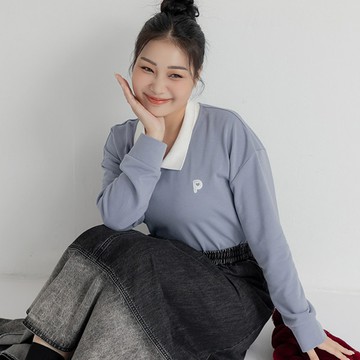 【PolyLulu】 俏皮品牌LOGO刺繡撞色翻領長袖上衣 中大尺碼上衣