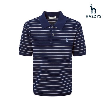 【HAZZYS】男款深藍色純棉舒適透氣橫條質感針織POLO衫 YZVDB564