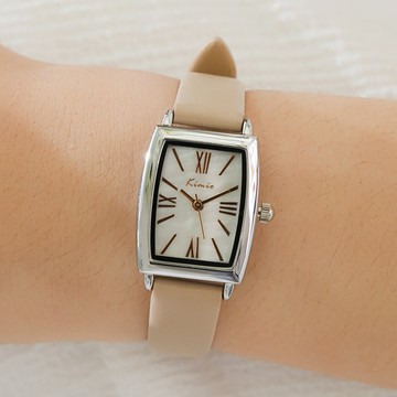 KIMIO美好瞬間簡約方形珍珠母貝真皮手錶【WKI6566】-白面奶茶帶