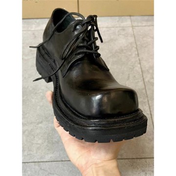 黑色大頭德比鞋水洗小皮鞋男女同款系帶方頭單鞋翹頭雙層底樂福鞋