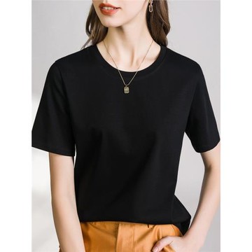 絲光棉防曬爆款夏季涼感液氨透氣重磅顯廋純色大碼圓領短袖t恤女