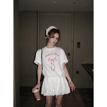 蝴蝶結白色純棉短袖正肩女t恤夏季新款寬松大碼上衣設計感小眾女