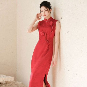 紅色提花旗袍洋裝 / 新中式修身長裙 / 訂婚禮服連衣裙