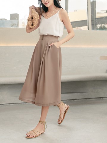 雪紡垂墜排釦腰鬆緊打褶七分寬褲