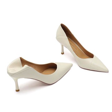 真皮米白色高跟鞋女春秋軟皮舒服7cm細跟5cm職業工作禮儀上班單鞋