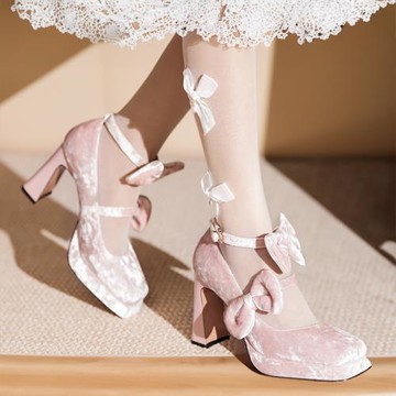 瑪麗珍絨面粗跟蝴蝶結防水臺蘿莉高跟鞋氣質娃娃鞋復古禮服Y9758