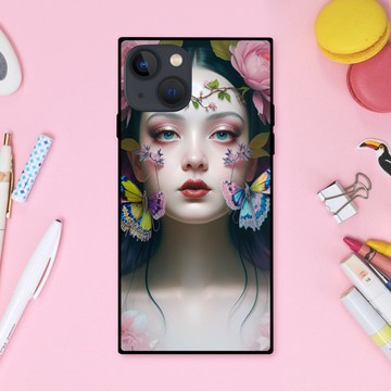 夢幻可愛女孩與花朵、色彩鮮豔閃耀的蝴蝶 方形手機殼【強化玻璃處理】適用於 iPhone16