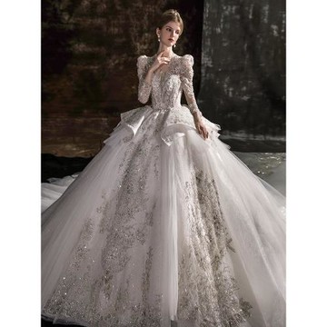 奢華重工新娘主婚紗2025新款宮廷風高級質感長袖大拖尾復古氣質女