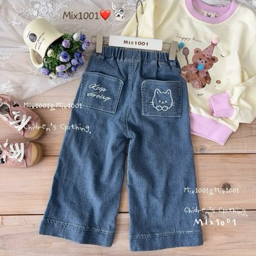 🌈✨mix1001後刺繡小貓吐司🍞造型口袋牛仔褲✨兒童復古寬鬆闊腿褲5-17