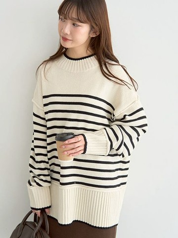 素面/條紋後開衩微高領套頭針織衫(01000593200) - earth music&ecology