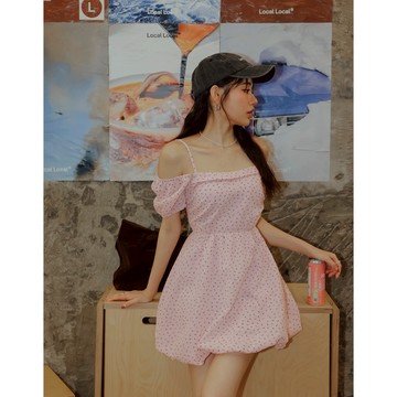 AIR SPACE LADY 2WAY印花格紋細肩帶花苞短洋裝(綠/粉紅) 女裝 現貨