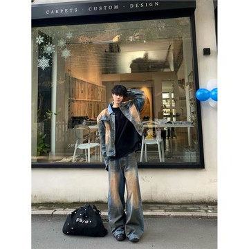 美式扎染墊肩牛仔外套男款歐美街頭小眾牛仔衣水洗做舊工裝夾克