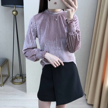 寬松顯瘦條紋金絲絨T恤秋冬新款百搭長袖打底衫半高領燈籠袖小衫1入