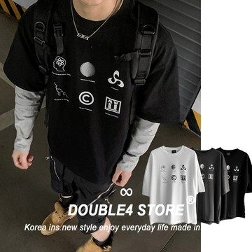 【DOUBLE4】韓國 印花 韓系 穿搭 挺版 寬鬆 情侶 韓國短袖 短袖男 2511