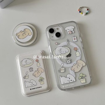 WASAI哇噻 韓國ins小眾可愛卡通睡覺小狗插畫磁吸支架適用iphone16蘋果14手機殼15promax新款透明亞克力13/12