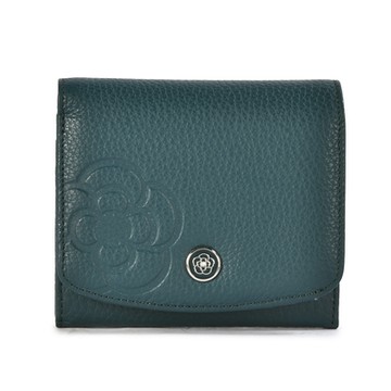 CLATHAS 山茶花烙印LOGO荔枝紋皮革壓釦短夾-藍綠色