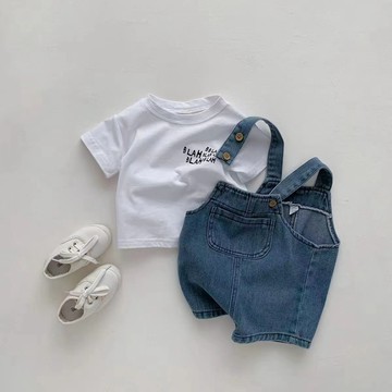 mori🎀mori兒童牛仔背帶短褲套裝新款寶寶寬鬆休閒五分褲女童夏季吊帶褲