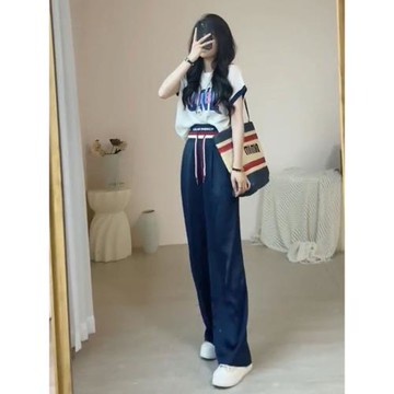出片穿搭休閑運動套裝女時尚減齡高級感字母t恤洋氣闊腿褲兩件套