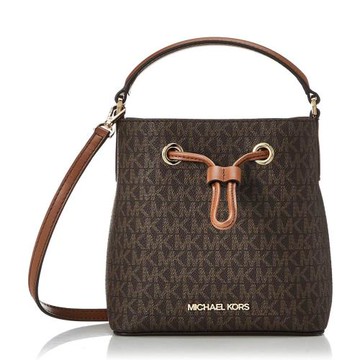 【Michael Kors】滿版LOGO拼接皮革手提/ 斜背水桶包-咖啡駝