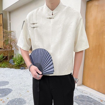 【二十三歲】臺灣出貨夏季新中式盤扣提花短袖襯衫男士新款寬鬆中國風立領唐裝襯衣