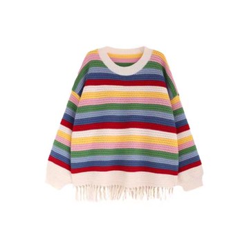 圣誕彩虹條紋流蘇毛衣女款2026新款秋冬季慵懶風中長款針織衫上衣
