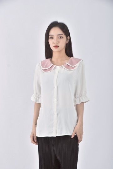 (S) mei ren yu質感荷葉領口白色短袖上衣
