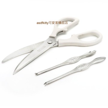 asdfkitty*日本製 川嶋 不鏽鋼螃蟹剪刀+迷你螃蟹叉匙2支-廚房剪刀強又有力.剪肉.剪雞骨-正版