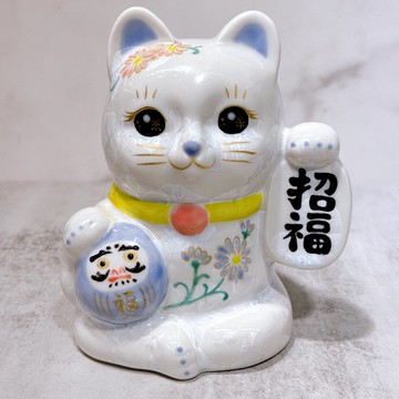 【白晶福貓】日本清水燒招財貓 | 達摩 花結晶 白 体花