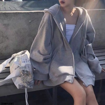 大碼女裝胖mm灰色長袖連帽衛衣女秋季外套寬鬆港風上衣潮