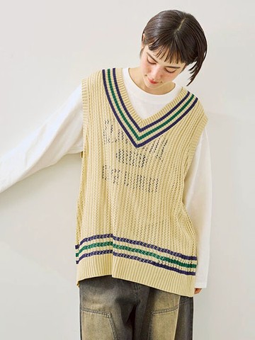 學院風條紋V領鏤空針織背心(0F001123110) - Samansa Mos2