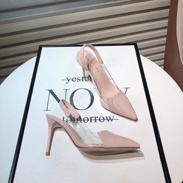 2025年春季新款仙女風尖頭透明拼接細跟單鞋一字帶后空包頭高跟鞋