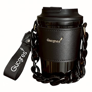 ANTIAN ins風潮流鏈條水杯 迷你隨手水瓶 密封防漏 戶外防摔便攜手提杯 咖啡杯 420ML 黑色  1個