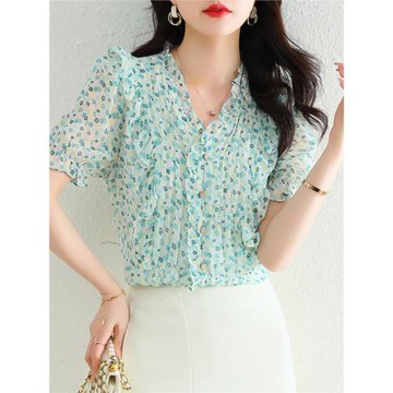 2023夏季新款小眾法式甜美小清新公主袖短袖襯衫百搭顯瘦雪紡衫女